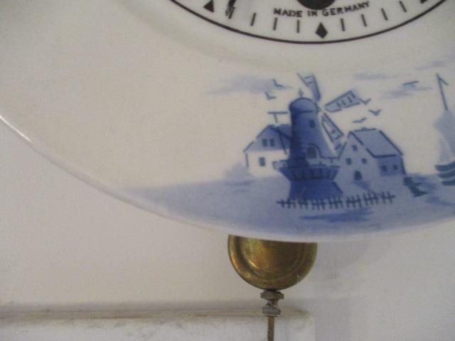 Two Round Blue and White German 8 Day Kitchen Clocks