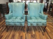 Pair of Hickory Chair Co. Custom Satin Upholstered Wing Back Chairs