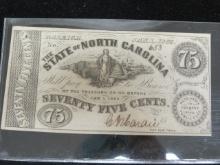 1863 75 Cents Confederate Note from Raleigh, NC