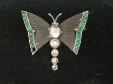 Antique 14k Gold Austrian Emerald and Diamond Butterfly Brooch