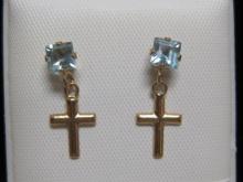 14k Gold Blue Topaz with dangling Cross Earrings