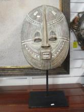 Large Wood Carved Tribal Mask on Metal Stand