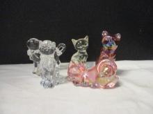 Lenox (2) Crystal Cats 3 1/2", Fenton (2) Pink Cats, Goebel Cat
