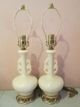 Pair of Aladdin Moonstone/Alacite Gold Footed Genie Bottle Lamps with Light in Body