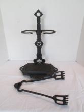 Painted Cast Metal Fireplace Tool Stand and Pair of Coal Tongs