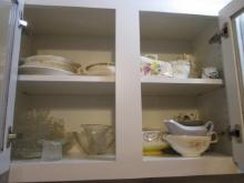 Cabinet Contents of Porcelain and Glass Plates, Bowls, Teacups, Fiesta Bowl,