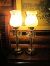 Pair of Vintage Electric Cut Satin Glass Lustres with Prisms