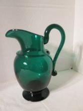 Green Hand Blown Art Glass Footed Pitcher with Applied Handle