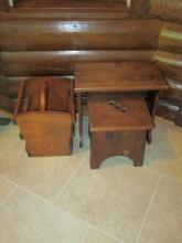 Two Wood Stools and Magazine Rack