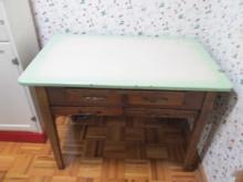 Antique Enamel Top Farm Table with Wood Base