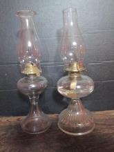 Two Clear Hurricane Post Oil Lamps