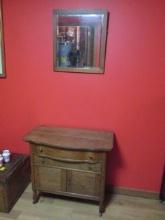 Antique Tiger Oak Dry Sink Cabinet and Framed Beveled Mirror