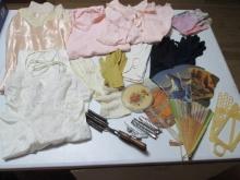 Vintage Ladies Gloves, Funeral Hand Fans, Hair Crimper, Handkerchiefs,