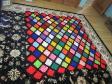 Retro Hand Crocheted Colorful Granny Square Afghan