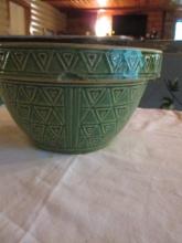 Vintage Green Salt Glaze Mixing Bowl with Triangle Designs