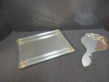 Vintage Hand Mirror with Reverse Etched Bird Design and Mirrored Vanity Tray