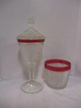 Ruby Red Flash Diamond Point Ice Bucket and Lidded Dish