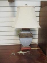 Glazed Pottery Urn Table Lamp with Wood Base