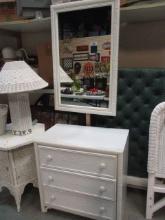 White 3 Drawer Chest with White Wicker Drawer Heads and Wicker Framed Mirror