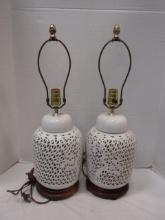 Pierced Porcelain Chinoiserie Style Ginger Jar Lamps with Wood Bases