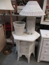 Painted White Wicker Side Table, Lamp and Waste Basket