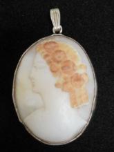Antique Carved Shell Cameo Sterling Silver Pendant