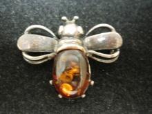 Sterling Silver and Amber Bumble Bee Brooch