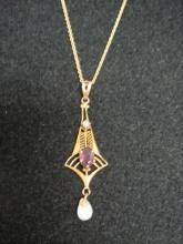 Antique Art Deco10k Gold Seed Pearl & Amethyst Pendant on 15" Gold Filled Chain