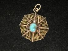 Rare Antique Edwardian 9k Seed Pearl and Turquoise Spider Web Pendant