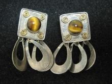 Vintage Sterling Silver Artisan Tigers Eye Earrings