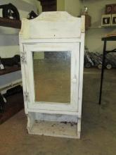 Old Painted White Wood Wall Cabinet with Mirror Door
