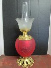 Ruby Red Satin Glass Body Oil Lamp with Brass Oil Font