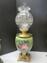 Handpainted Banquet Lamp with Ruffle Ball Shade and Brass Oil Font