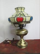 Electric Brushed Antique Brass Finish Table Lamp with Painted Fruit Stained Glass Look Shade