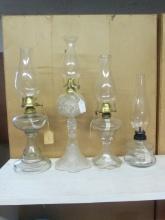 Four Vintage Clear Oil Lamps