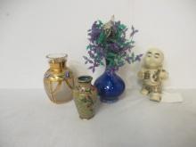 Miniature Pottery Vase with Beaded Wire Flowers, Miniature Cloisonne Vase,