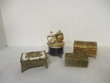 Music Box and Three Gold/Brass Tone Trinket Boxes