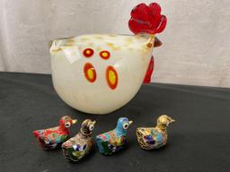 Hand Blown Rooster & 4 Vintage Chinese Cloisonne Duck Figures