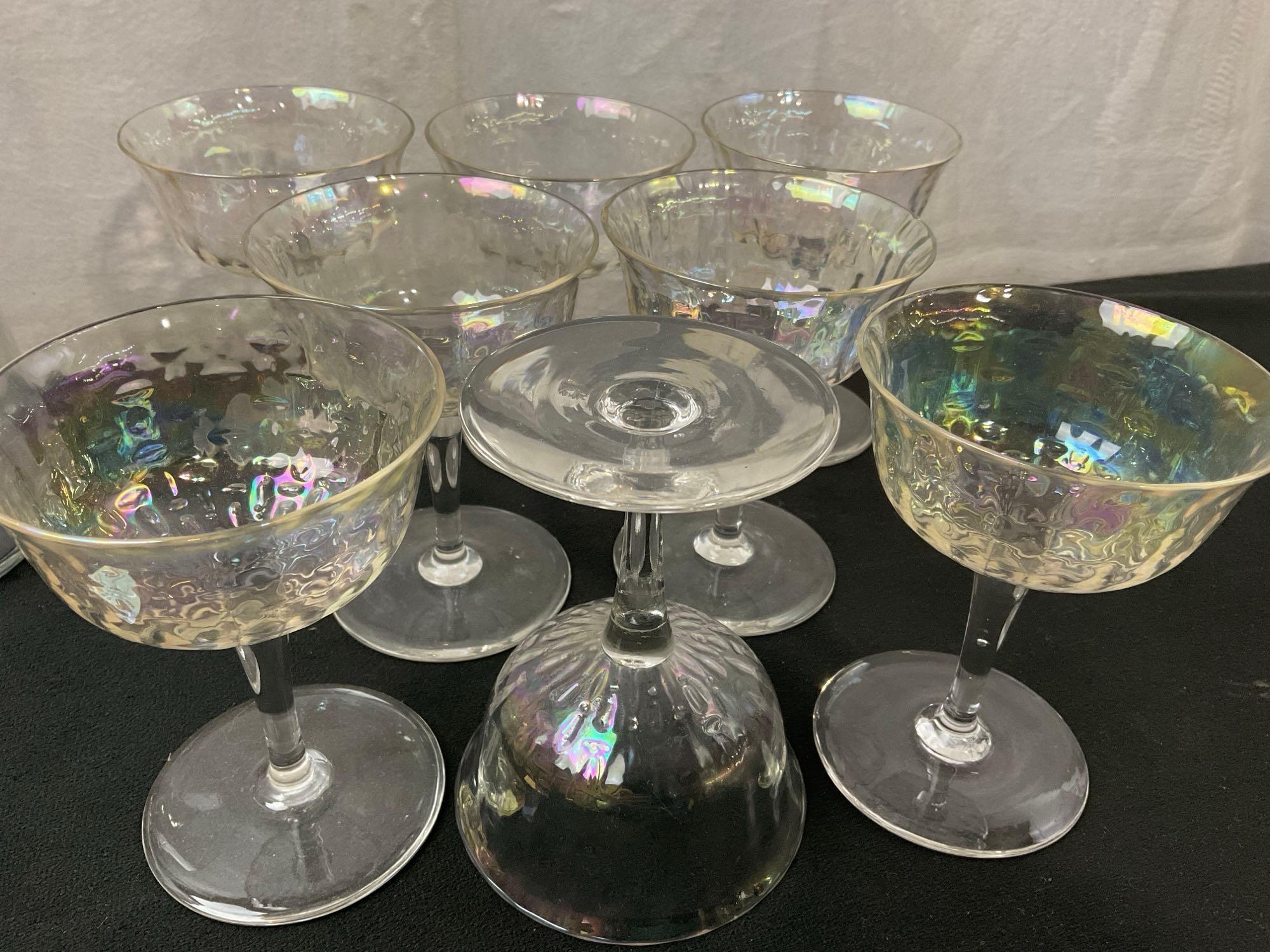 Collection of Etched & Iridescent Tumblers, and Coupe Glasses, and a Starburst Etched Pitcher
