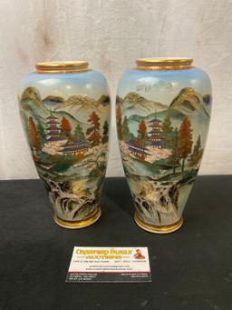 Pair of Chinese Satsuma Handpainted Vases, 8 inches tall, Pagodas, Mountains, and Waterfalls