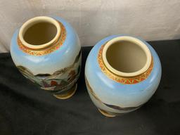 Pair of Chinese Satsuma Handpainted Vases, 8 inches tall, Pagodas, Mountains, and Waterfalls