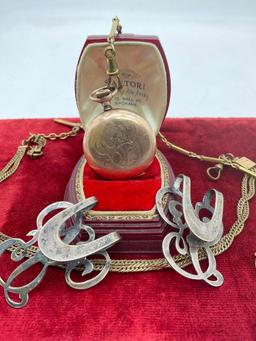 Apollo Silver Co. sterling silver "R" clips and antique Dueber gold plated watch case with extra ...