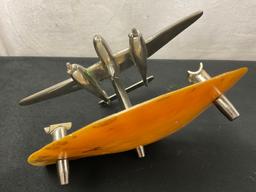 Aluminum Plane on stand, Large Shell Pipe Ashtray, P-38 Lightning model