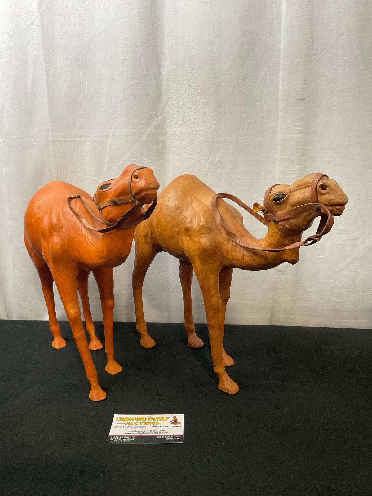 Pair of Wrapped Leather Camel Figures w/ Bits and Bridles, 13 inches tall