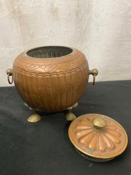 Antique Copper & Brass Pot w/ Lid and Brass Feet, Chinese or Indian