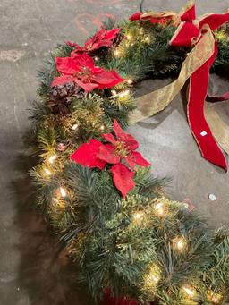 Stunning Large Lighted Christmas Wreathe w/ Faux Poinsettias & Large Bow