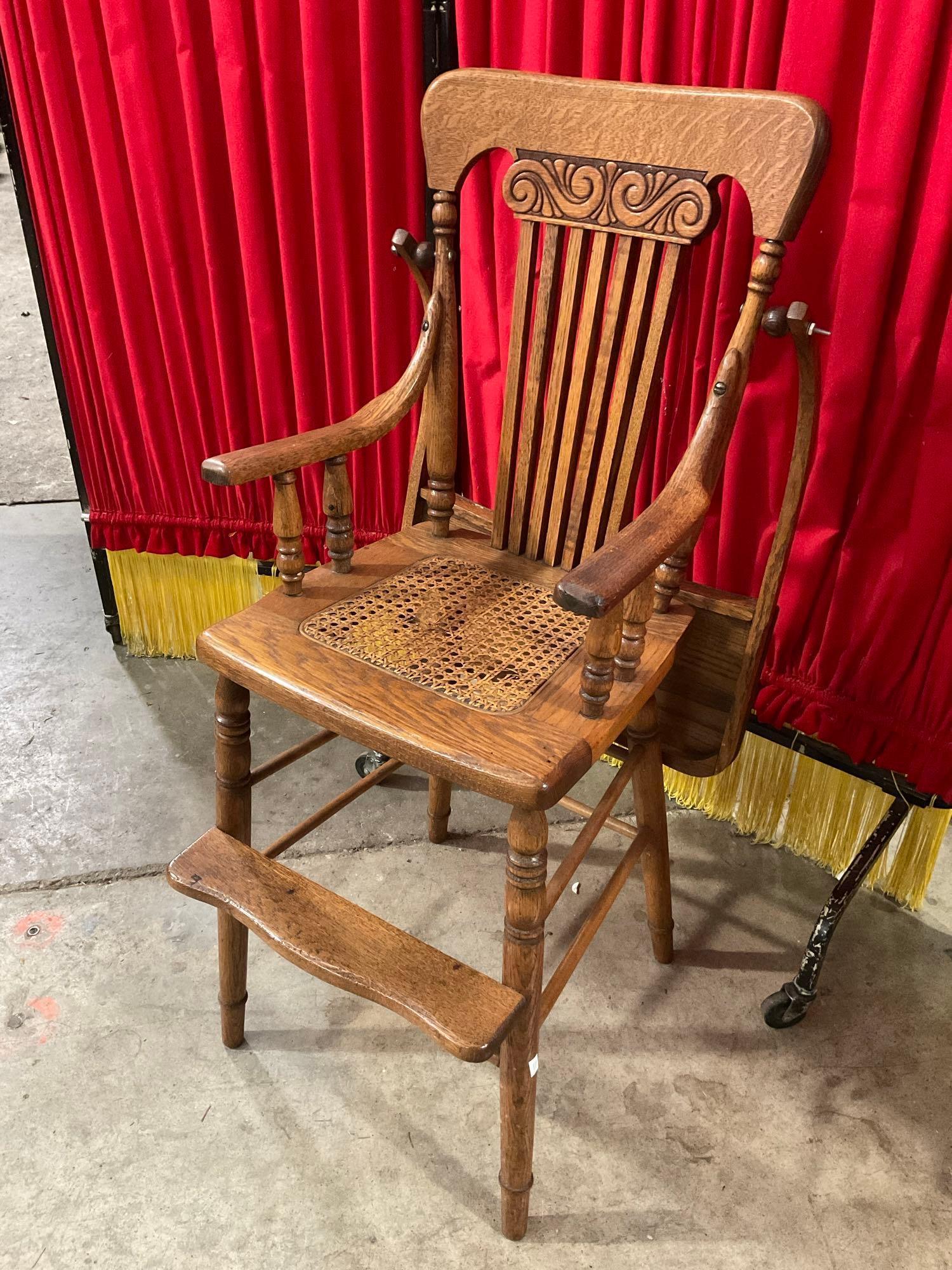 Vintage Tiger Oak and Woven Reed High Chair. - Fair Condition
