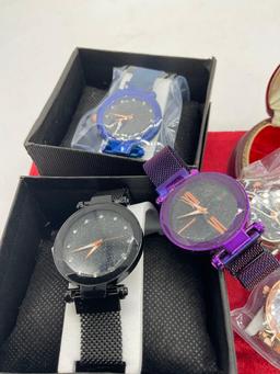 Selection of 6 like new fashion mesh and sparkly watches, 5 like new with packaging or boxes