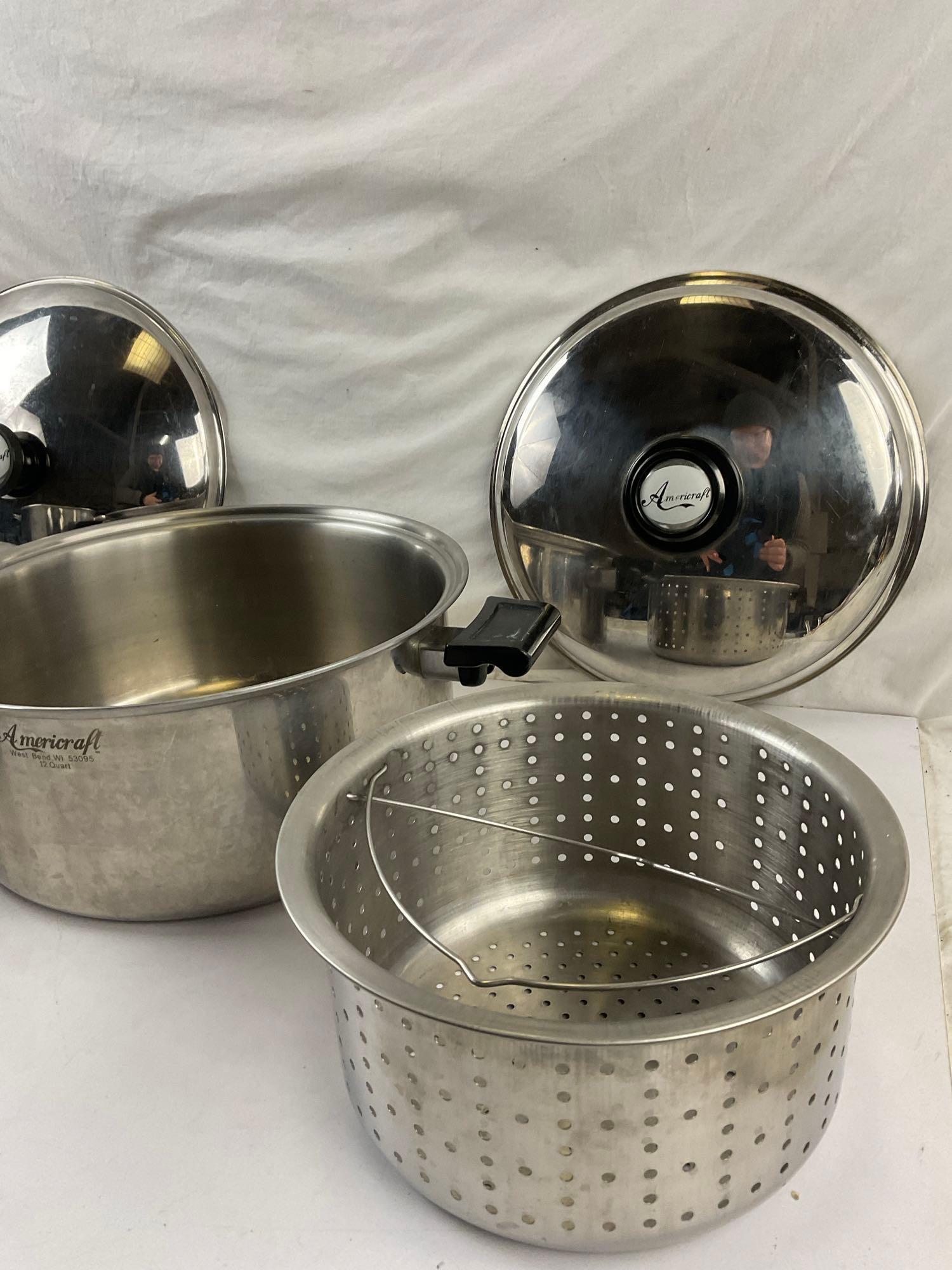 5 pcs Stainless Steel Cook Pots & Accessories Assortment. 12 Qt Americraft Pot w/ Lid. See pics.