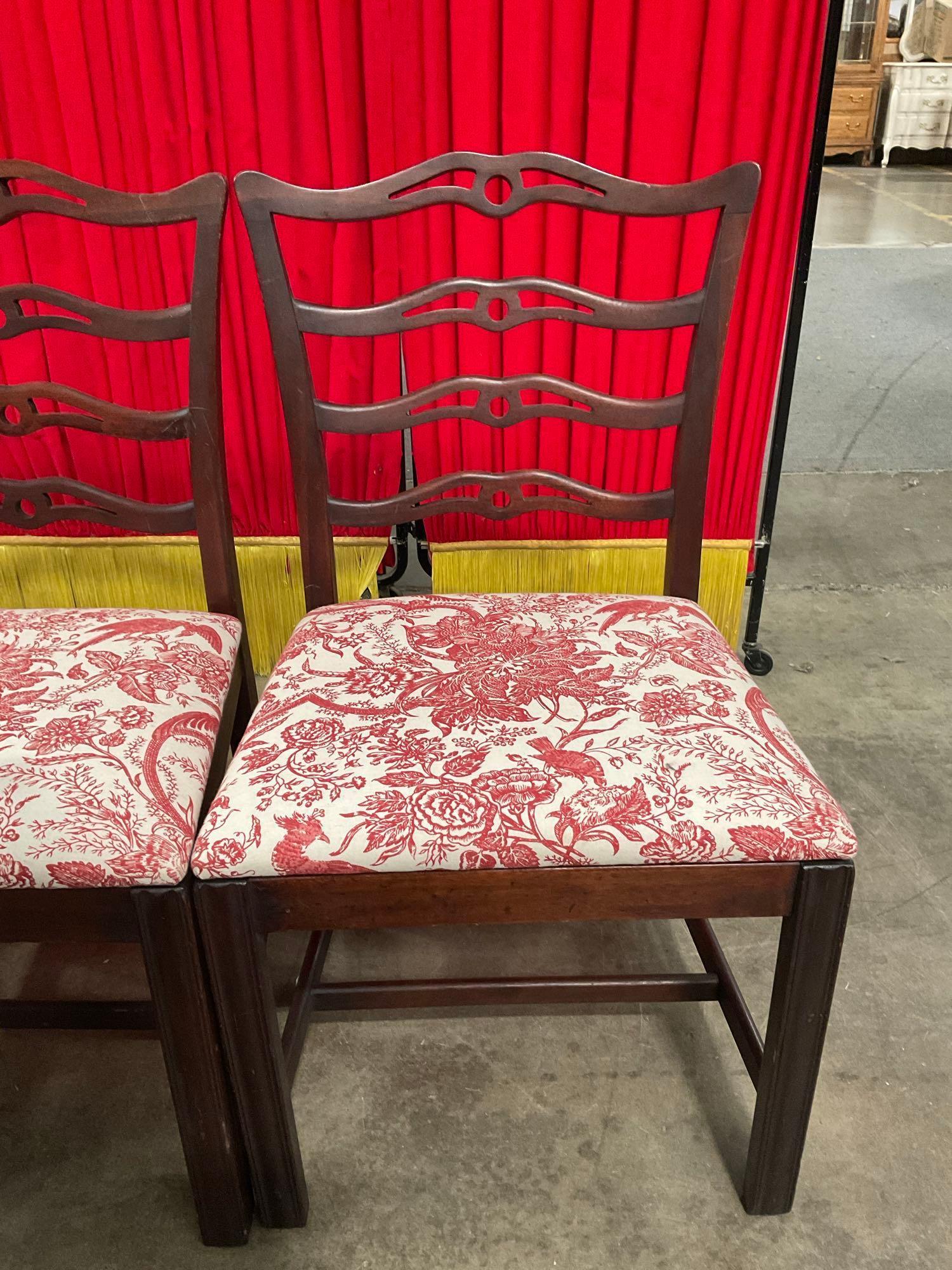 6 pcs Antique Cherry Ladder Back Dining Chairs w/ Red Paisley Upholstery. See pics.